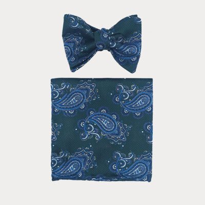 Green Blue Floral Self Bow Tie Pocket Square Set