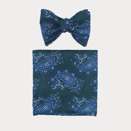 Green Blue Floral Self Bow Tie Pocket Square Set