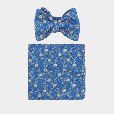 Blue Beige Floral Self Bow Tie Pocket Square Set