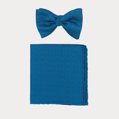 Teal Blue Self Bow Tie Pocket Square Set