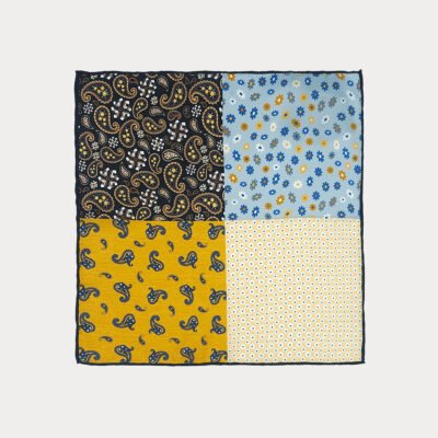 Yellow Blue Brown Mix Pattern Pure Silk Pocket Square