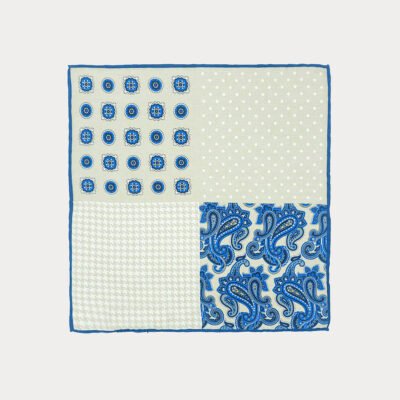 Blue Beige Mix Pattern Pure Silk Pocket Square
