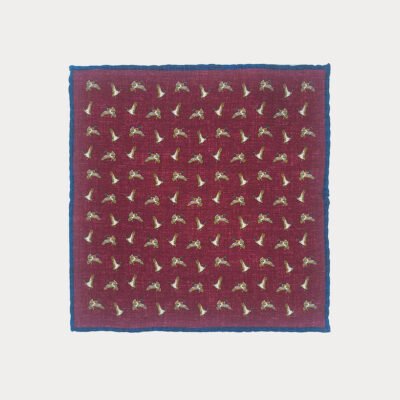Burgundy Blue Edge Mallard Duck Pattern Wool Silk Pocket Square