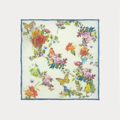 Beige Blue Edge Birds In Paradise Pattern Wool Silk Pocket Square