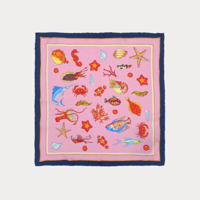 Pink Navy Edge Ocean Animals Pattern Pure Silk Pocket Square