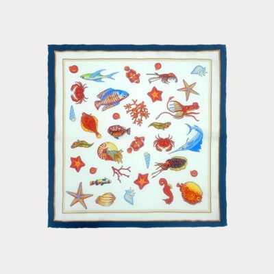 White Navy Edge Ocean Animals Pattern Pure Silk Pocket Square