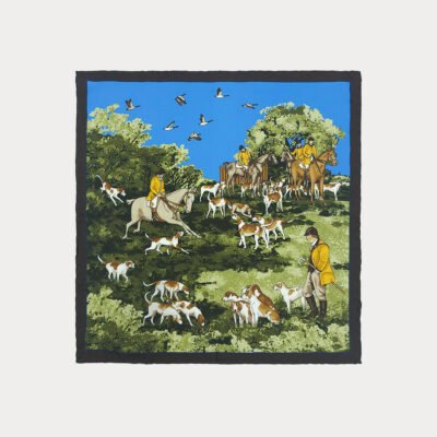 Green Blue Traditional English Hunting Pattern Pure Silk Pocket Square