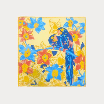 Yellow Blue Parrots Pattern Pure Silk Pocket Square