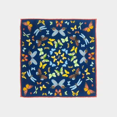 Navy Butterfly Pattern Pure Silk Pocket Square