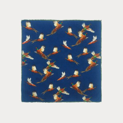 Dark Royal Blue Pheasant Pattern Pure Silk Pocket Square