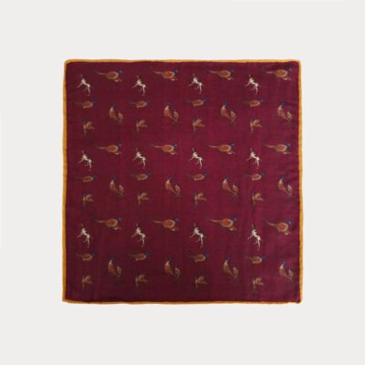Maroon Dogs And Birds Pattern Wool Silk Pocket Square