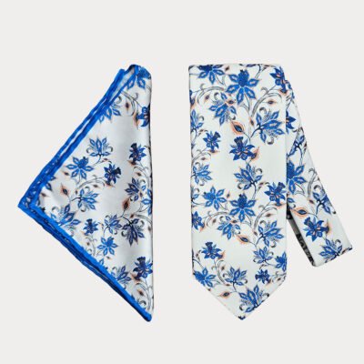 Floral White Blue Tie-Pocket Square