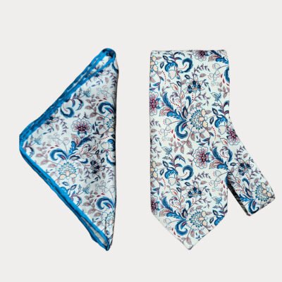 Floral Ivory Blue Tie-Pocket Square