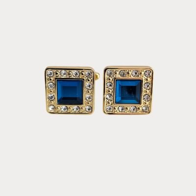 Blue Sparkly Faux Crystals Circle Gold Colour Metal Cufflinks