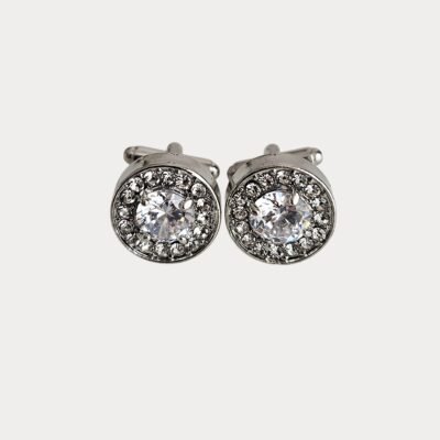 Black Sparkly Faux Crystals Circle Silver Colour Metal Cufflinks