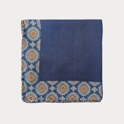 Deep Navy Patterned Border Pure Silk Pocket Square