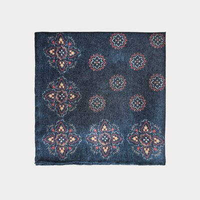 Navy Motif Pure Silk Pocket Square