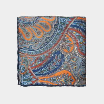 Blue Orange Navy Paisley Pocket Square