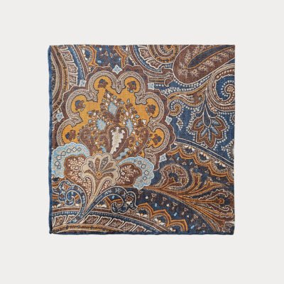 Navy Yellow Brown Paisley Pocket Square