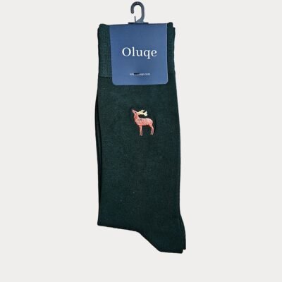 Male Deer Motif Dark Green Socks